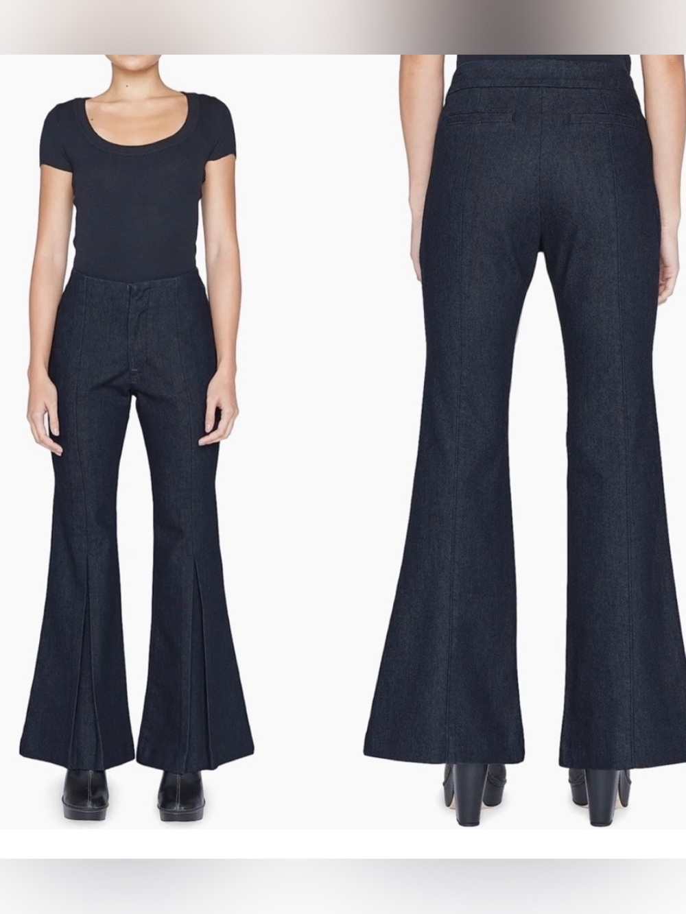 Frame Pleated Denim Pant Midnight Wash High-Rise Flare Jeans